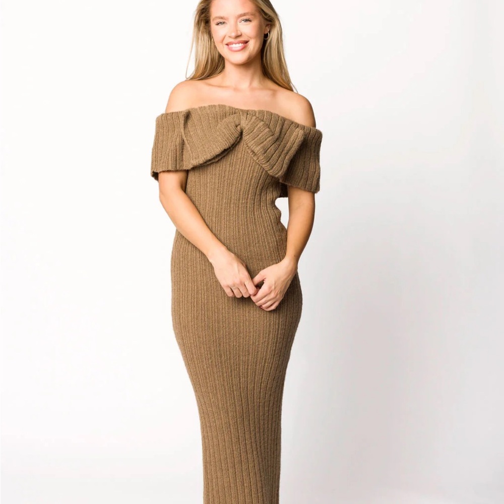Tan off the shoulder sweater dress